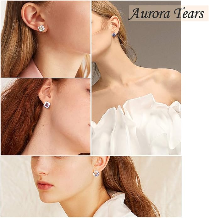 Aurora Tears Birthstone Necklace/Earring 925 Sterling Silver Women Cross/3D Cube/Cresent Moon Birth Stone Jewelry Mens Birthday Gift Anniversary Present
