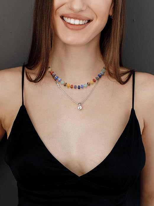 CrystalTears Beaded Gemstone Necklace for Women, Womens Colorful Boho Stone Bead Choker Necklace, Handmade Natural Crystal Stone Summer Beach Jewellery Gifts for Women Mom Christmas