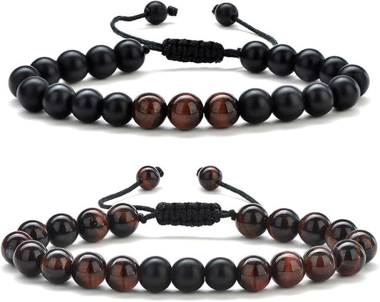 M MOOHAM Natural Stone Bracelets for Men - 8mm Tiger Eye, Matte Agate, Lava Rock - Teen Boys Gifts for Birthday, Anniversary, Christmas