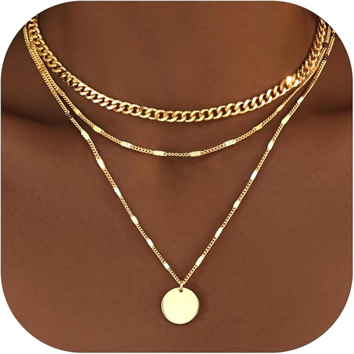 WomenGifts Layered Gold Necklaces for Women, 14K Gold Sterling Silver Plated Dainty Pendant Necklace Set with Cubic Zirconia Circle, Chunky Stackable Cuban Chain Choker, Trendy Personalized Birthstone Jewelry Gift Non Tarnish