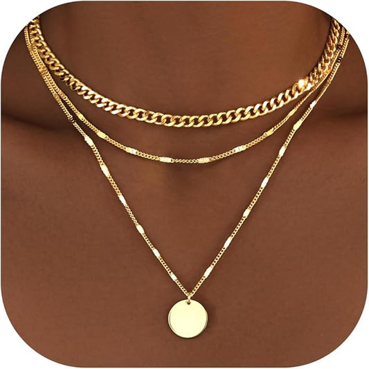 WomenGifts Layered Gold Necklaces for Women, 14K Gold Sterling Silver Plated Dainty Pendant Necklace Set with Cubic Zirconia Circle, Chunky Stackable Cuban Chain Choker, Trendy Personalized Birthstone Jewelry Gift Non Tarnish
