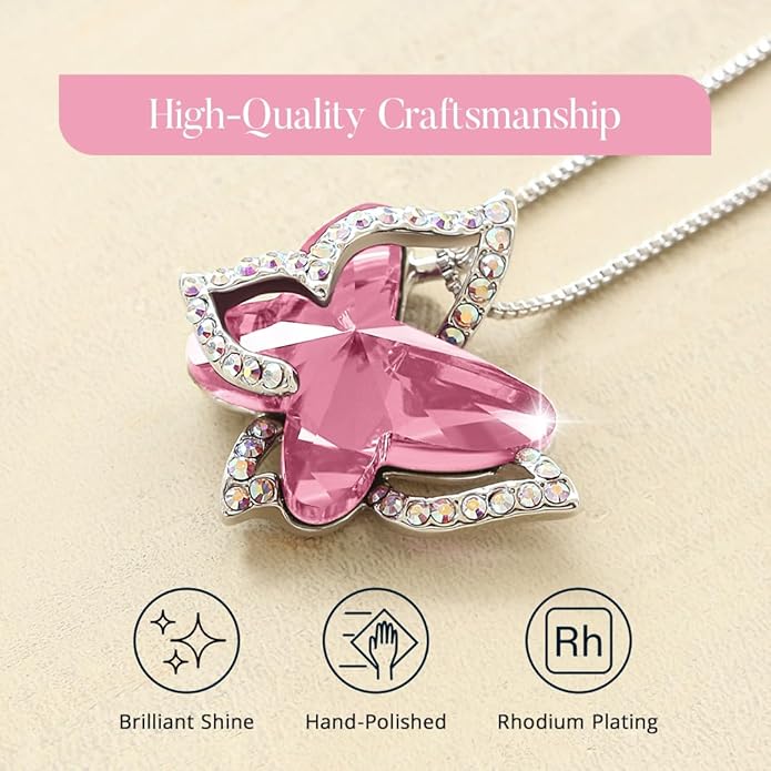 Gift Butterfly Birthstone Crystal Necklace, Silver Tone with 18”+2” Chain, Necklace for Mother’s Day Anniversary Birthday Gifts for Women and Daughter