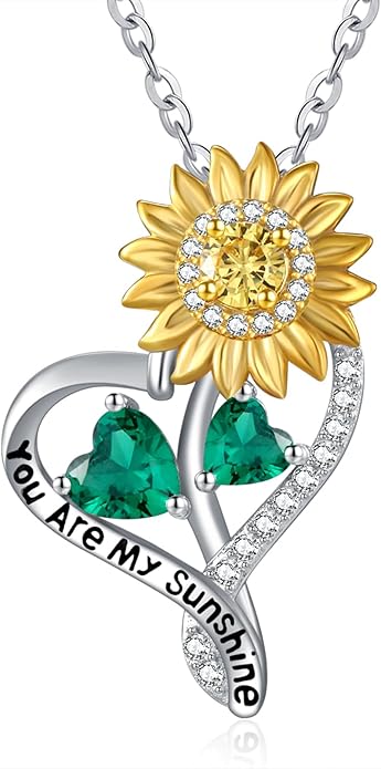 Zeuslia Double Birthstone Necklace Gifts for Wife - 925 Sterling Silver Sunflower/Rose/Crown Cross/Compass/Heart Pendant I Love You Necklace, Anniversary Birthday Gifts for Wife Girlfriend Mom Her