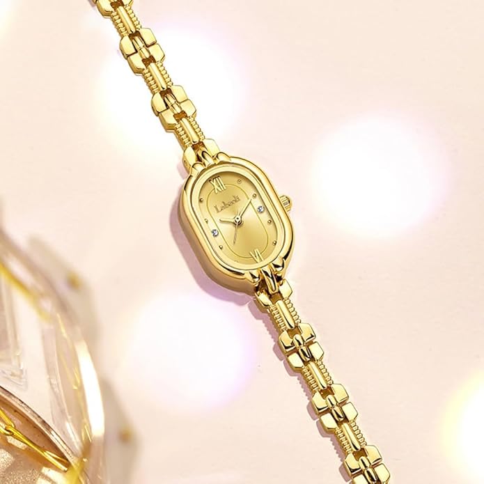 Women's Vintage Oval Watches Luxury Minimalism Bracelet Small Gold Tone Watch Ladies Analog Waterproof Watch Fashion Bangle Bracelet Dress Watch with Stainless Steel Band