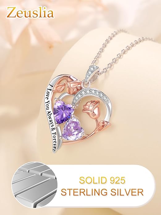 Zeuslia Double Birthstone Necklace Gifts for Wife - 925 Sterling Silver Sunflower/Rose/Crown Cross/Compass/Heart Pendant I Love You Necklace, Anniversary Birthday Gifts for Wife Girlfriend Mom Her