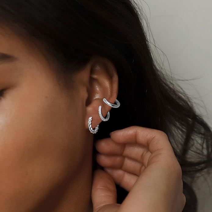 MIDEEO Gold/Sliver Chunky Hoop Earrings Set for Women, 14K Gold Plated Twisted Huggie Hoop Earring Hypoallergenic Thick Open Lightweight Chunky Hoop Earrings Jewelry for Gifts