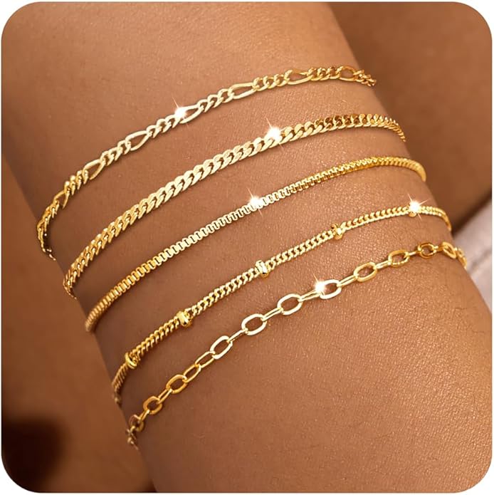 Gold Bracelets for Women Trendy,14K Gold Plated Dainty Stackable Paperclip Cuban Link Chain Bracelets, Simple Cute Cuff Bracelets Jewelry Set Adjustable 7"+2"