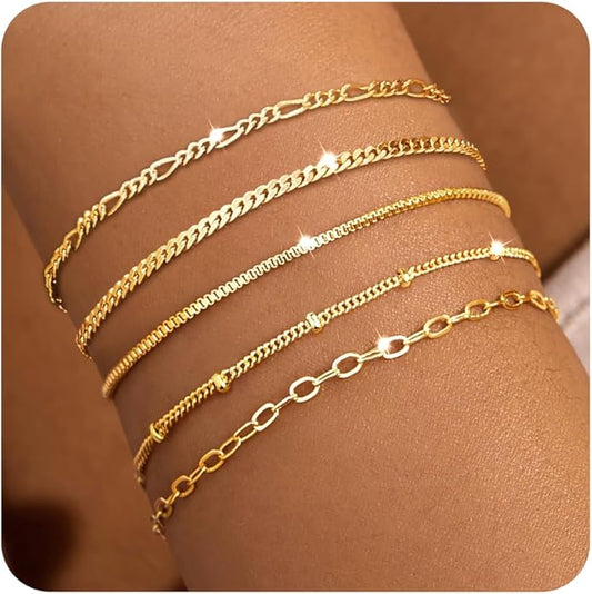 Gold Bracelets for Women Trendy,14K Gold Plated Dainty Stackable Paperclip Cuban Link Chain Bracelets, Simple Cute Cuff Bracelets Jewelry Set Adjustable 7"+2"