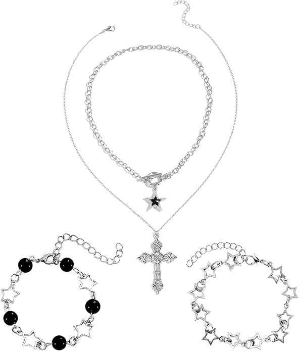 Molirex 12 Pcs Y2k Accessories Set Grunge Layered Necklace, 3 Star Chains with 6 Rings Vintage Silver Jewelry for Women