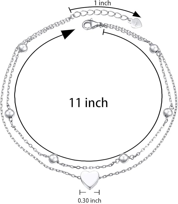 FLYOW Anklet for Women S925 Sterling Silver Adjustable Foot Beaded Heart Charm Ankle Bracelet Anklets Jewelry