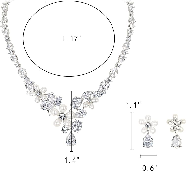 EleQueen Women's Simulated Pearl Wedding Jewelry Set, Cubic Zirconia Marquise Floral Bridal Necklace Earrings Bracelet Sets