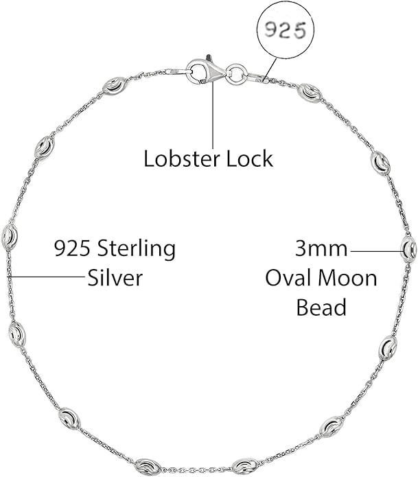 Savlano 18K Gold Plated Over 925 Sterling Silver Station Oval Moon Bead Anklet Chain For Women. Silver, Gold, Rose Gold - Made in Italy Comes With a Gift Box
