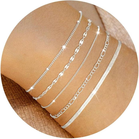 MBW 14K Silver Plated Bracelets for Women, Dainty Silver Bracelets for Women Set Bracelet Stack Waterproof Jewelry for Women Trendy Minimalist Simple Small Thin Bracelet Set for Women Teen Girls Gift