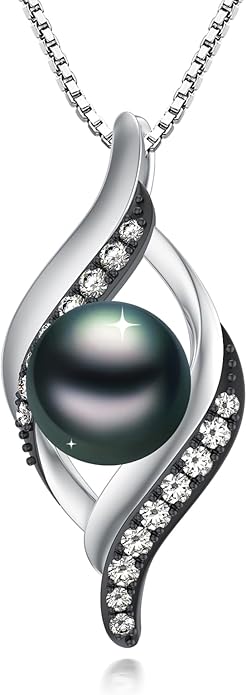 Tahitian Black Pearl 18K White Gold Plated Sterling Silver Heart/Infinity/Four Leaf Clover Pendant Necklace Jewelry Gifts for Women Wife Mom Girlfriend Wedding Birthday Anniversary Christmas