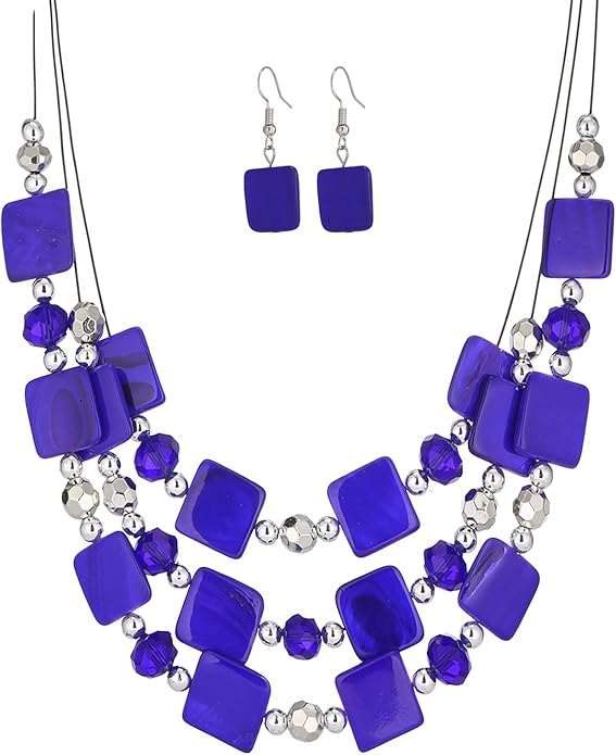 Layered Beaded Statement Necklaces for Women Square Shell Bead Collar Necklace and Earring Set Birthday Gifts Boho Jewelry Sets for Women