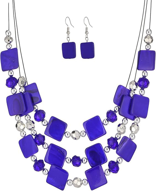 Layered Beaded Statement Necklaces for Women Square Shell Bead Collar Necklace and Earring Set Birthday Gifts Boho Jewelry Sets for Women