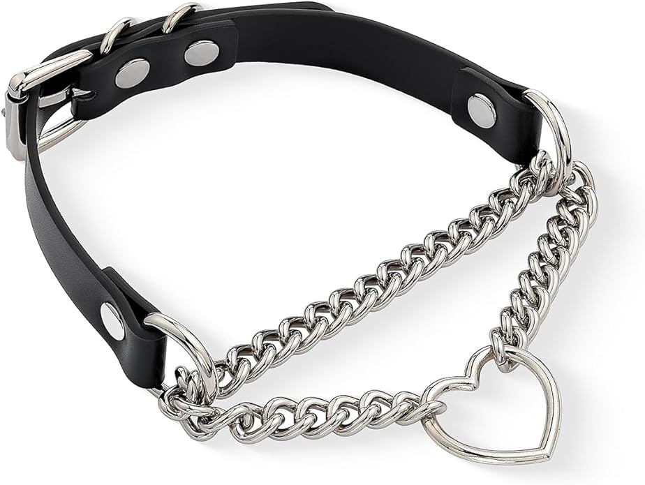 Black/Pink Leather Choker Necklace For Women, Handmade Adjustable Chain Collar with Metallic Heart Ring