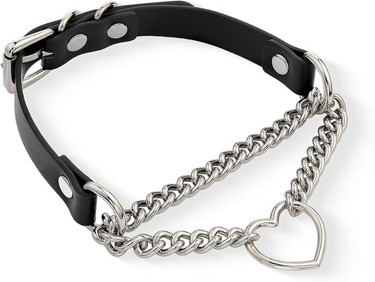 Black/Pink Leather Choker Necklace For Women, Handmade Adjustable Chain Collar with Metallic Heart Ring
