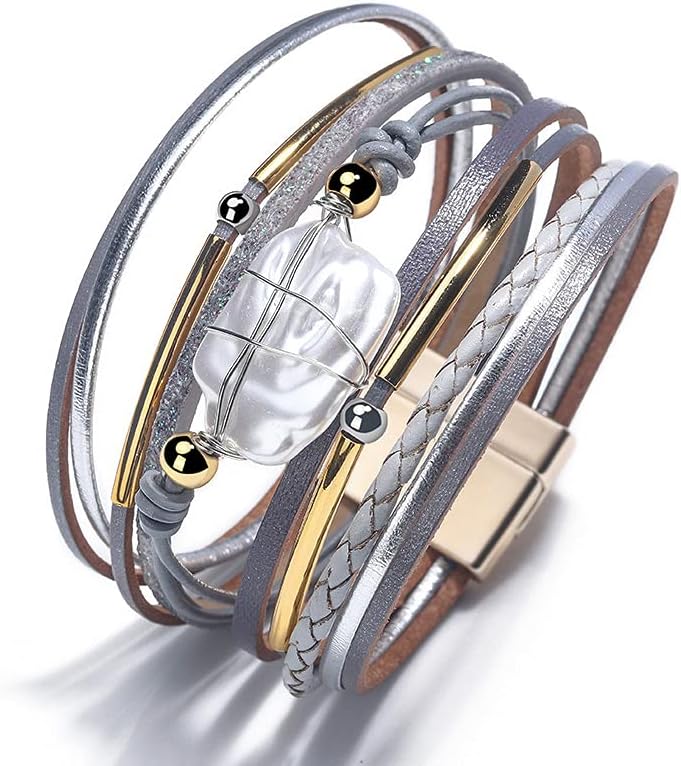 Fesciory Leather Wrap Bracelets for Women, Boho Leopard Multi-Layer Crystal Beads Cuff Bracelet Jewelry