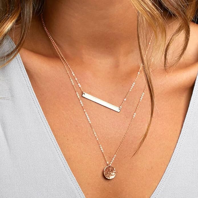 Turandoss Dainty Layered Choker Necklace, Handmade Y Pendant Necklace Multilayer Bar Disc Necklace Adjustable Layering Choker Necklaces for Women