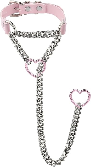 Handmade Black Heart Choker Collar For Women, Punk Gothic O-ring Slip Chain Necklace with Adjustable Vegan Leather Buckle