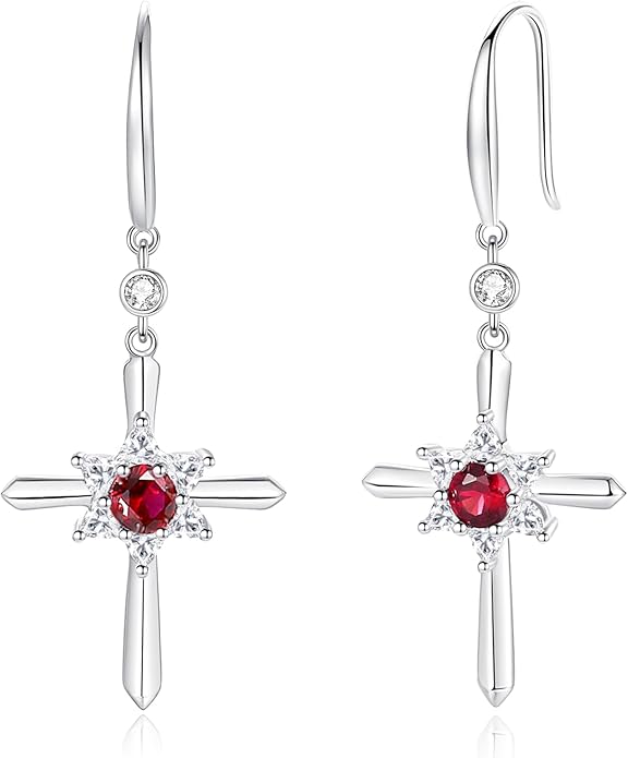FANCIME Cross Dangle Drop Earrings 925 Sterling Silver Dainty Round Birthstone Earring Fine Jewelry Birthday Gifts for Her Women