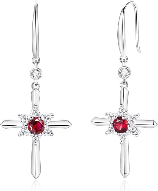 FANCIME Cross Dangle Drop Earrings 925 Sterling Silver Dainty Round Birthstone Earring Fine Jewelry Birthday Gifts for Her Women
