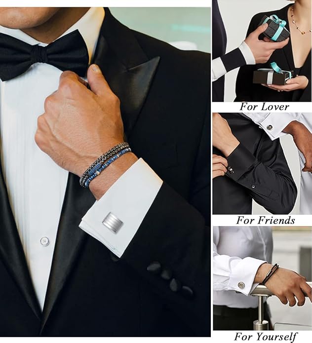 FIRAZIO 12 Pairs Cufflinks for Men Classic Tone Cuff Links Silver Black Striped Disc Square Rectangle Cuff Links Shirt Suit Men’s Cufflinks For Wedding Groom Business Elegant Gift
