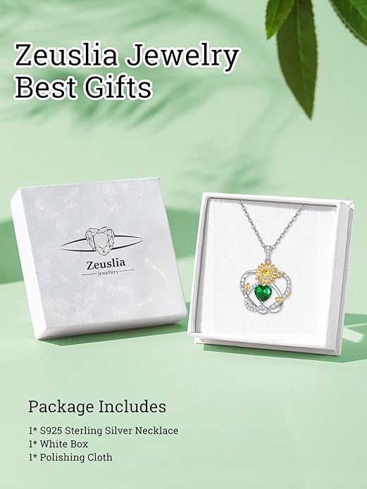 Zeuslia Double Birthstone Necklace Gifts for Wife - 925 Sterling Silver Sunflower/Rose/Crown Cross/Compass/Heart Pendant I Love You Necklace, Anniversary Birthday Gifts for Wife Girlfriend Mom Her