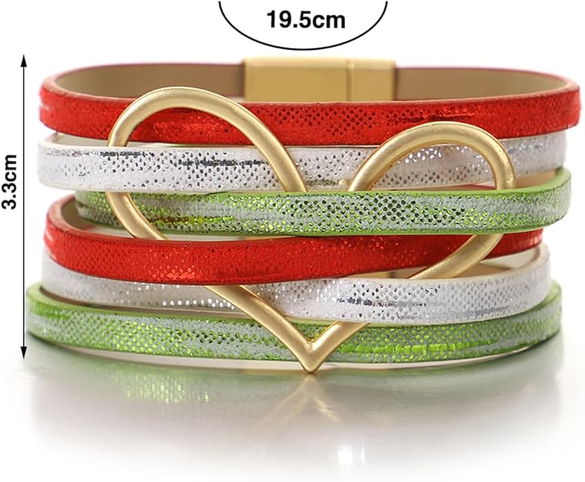 Leather Wrap Bracelet for Women Beaded Cuff Bracelet with Heart-shape Decor Bohemian Crystal Bracelet Jewelry with Clasp Bangle Bracelet for Women Girls Birthday Holiday Gift