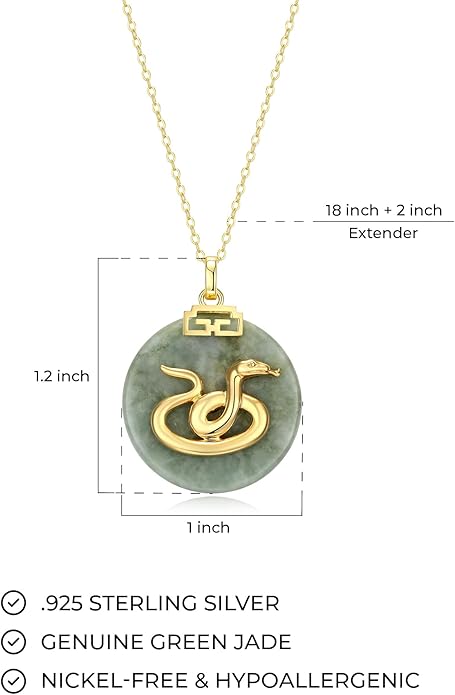 ETERNAL JADE .925 Sterling Silver 18K Gold Plated Chinese Zodiac Sign Pendant Necklaces for Women - Hypoallergenic Genuine Green Jade Gold Necklace for Women Zodiac Year Jewelry, 18 inch Chain