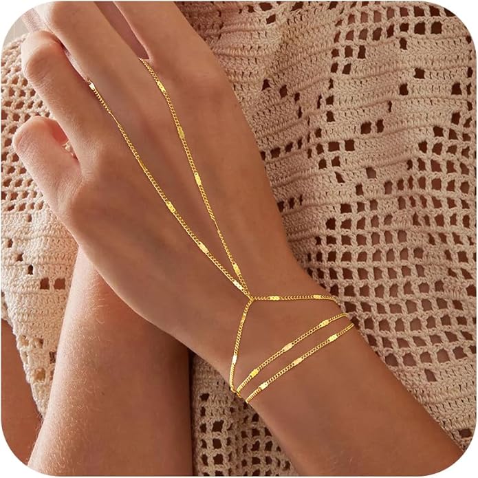 Yoosteel Hand Chain Bracelet for Women - Dainty 14K-Gold-Plated Finger Ring Hand Chains Layered Trendy Link Bracelets Jewelry Gifts for Women