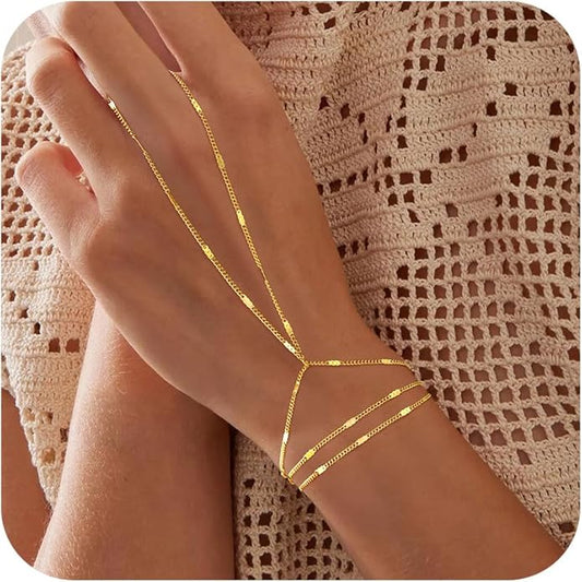 Yoosteel Hand Chain Bracelet for Women - Dainty 14K-Gold-Plated Finger Ring Hand Chains Layered Trendy Link Bracelets Jewelry Gifts for Women