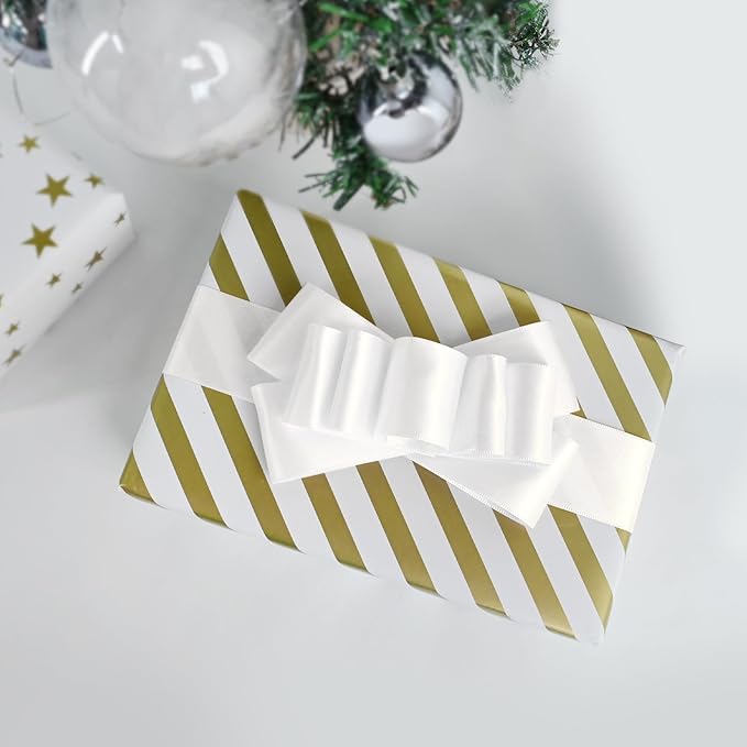 LEEQE Double Face White Satin Ribbon 1-1/2 inch X 25 Yards Polyester White Ribbon for Gift Wrapping Very Suitable for Weddings Party Hair Bow Invitation Decorations and More