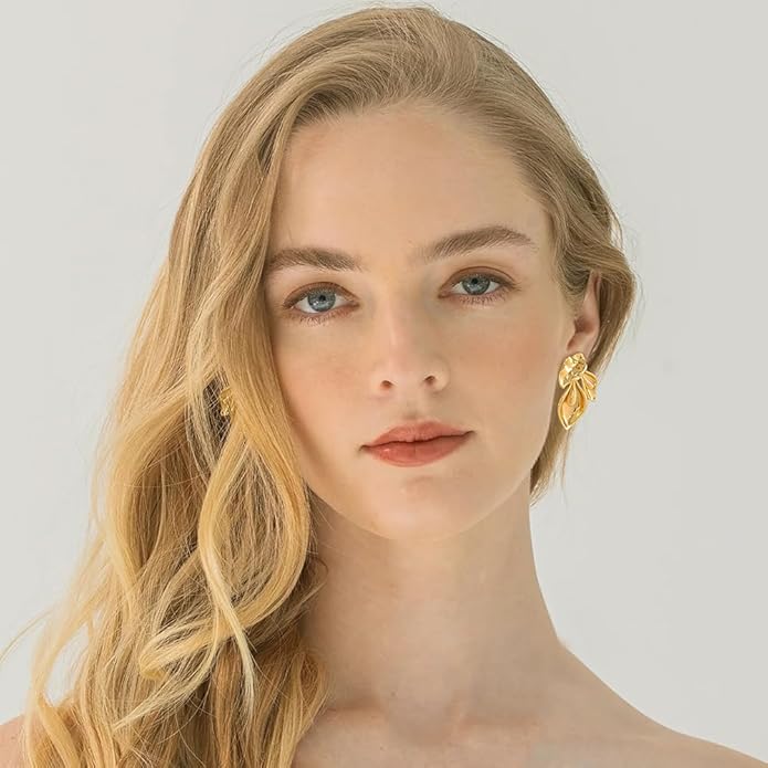 Chunky Gold Statement Earrings For Women Gold Plated Sectored Flower Leaf Shell Angel Wing Earrings Large Stud Earrings Hypoallergenic Earrings