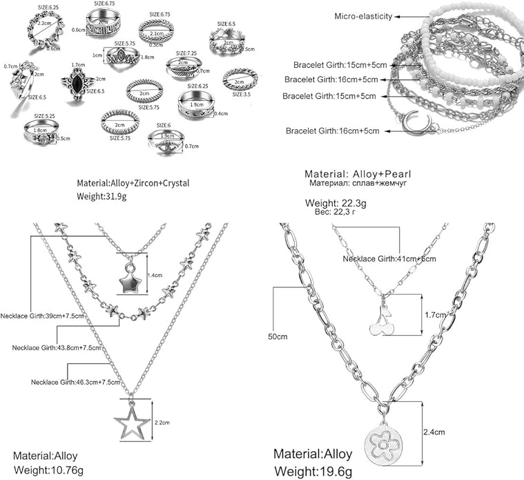IFNODO 37pcs Silver Jewelry Set With 3 PCS Necklace, 14 PCS Bracelet, 7 PCS Ear Cuffs Earring, 6pcs Hoop Earrings,7pcs silver rings set For Women For Birthday Gifts