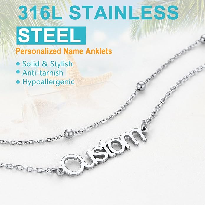 U7 Custom Layered Ankle Bracelets for Women Stainless Steel Bead/Cuban/Figaro/Rope/Wheat Chain Anklet Waterproof Anklet Jewelry for Beach Vacation