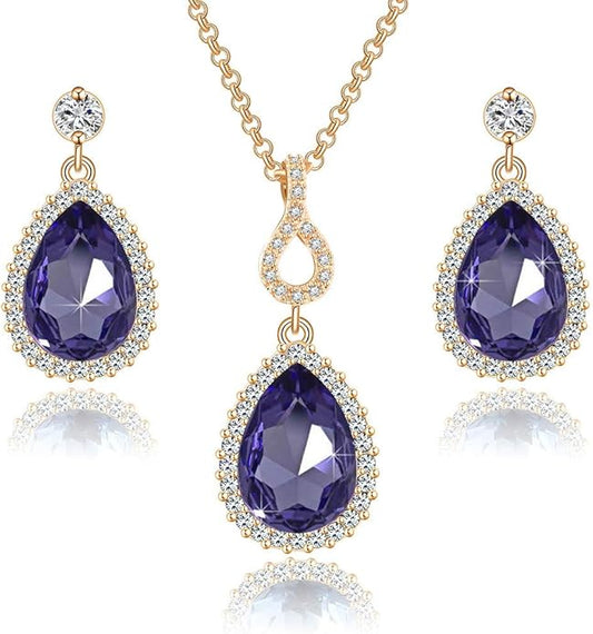 Austrian Crystals Teardrop Pendant Necklace Earrings for Women 14K Gold Plated Hypoallergenic Jewelry Set