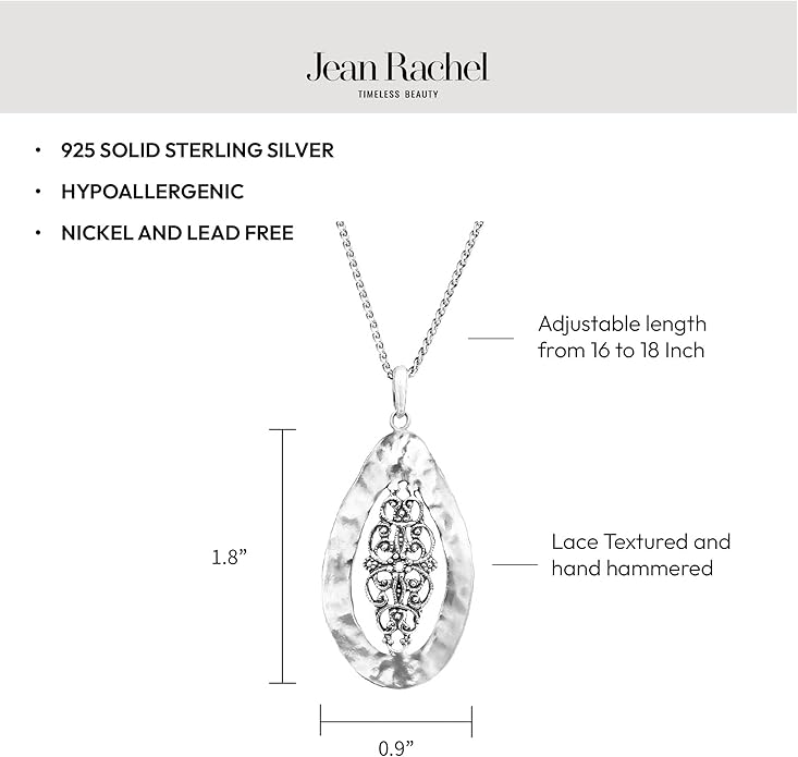 JEAN RACHEL JEWELRY 925 Sterling Silver Necklace for Women - Bold Lace Filigree Vintage Design - Hypoallergenic, Lead & Nickel Free Jewelry - Artisan Handcrafted Statement Necklace