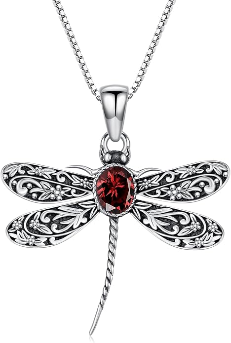 Vintage Dragonfly Necklace for Women 925 Sterling Silver, Oval Birthstone Dragonfly Pendant Boho Jewelry Birthday Gift for Her, Mom, Grandma