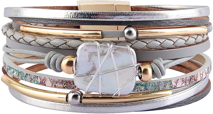 Fesciory Leopard Bracelet for Women, Boho Leather Wrap Multi-Layer Pearl Crystal Bracelet Bangle Jewelry