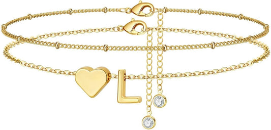 M MOOHAM Gold Initial Ankle Bracelets for Women - Layered Heart Letter A-Z Initial Dainty Gold Anklets for Women Waterproof, Womens Anklets Jewelry Birthday Gifts Jewelry