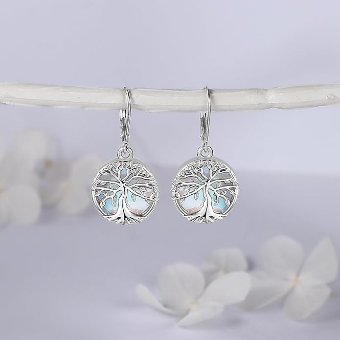 Tree of life Dangle Earrings Sterling Silver Moonstone/Turquoise/Malachite Earrings for Women Filigree Leverback Earrings Jewelry Gifts