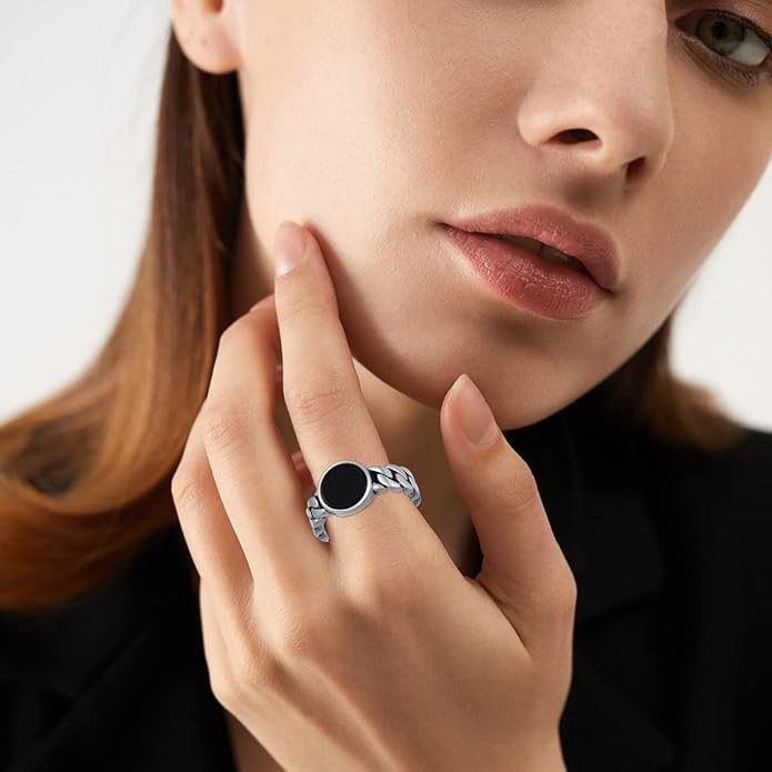 925 Sterling Silver Vintage Oxidized Style Black Onyx Adjustable Ring Casual Jewelry Gifts for Women