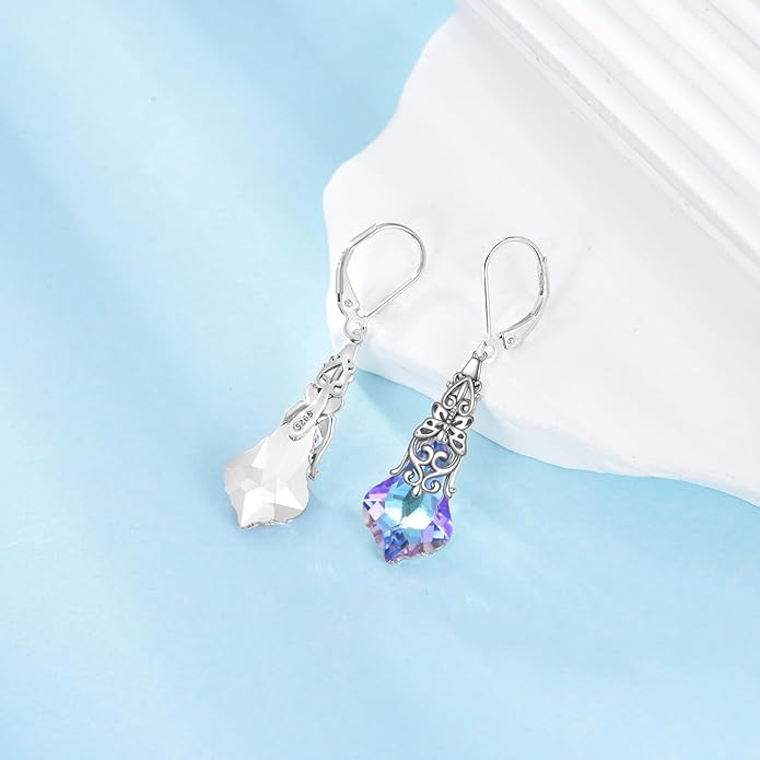 Austrian Crystal Dangle Drop Leverback Earrings for Women 925 Sterling Silver Vintage Oxidized Butterfly Filigree Hypoallergenic Jewelry