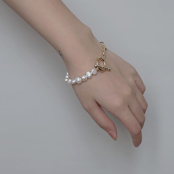 Cowlyn Pearl Bracelets for Women - Dainty 14K Gold Plated Beaded Pearl Link Chain Birthday Christmas Jewelry Gifts for Women