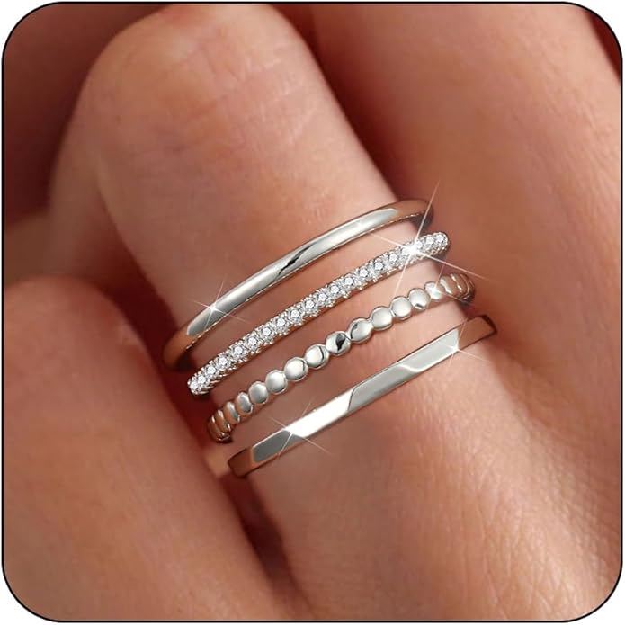 Gold Silver Stackable Rings for Women Non Tarnish 1.3mm Thin Silver Rings Set 14K Gold Plated Dainty Trendy Cubic Zirconia Band Stacking Thumb Ring Jewelry Gifts Size 5-10