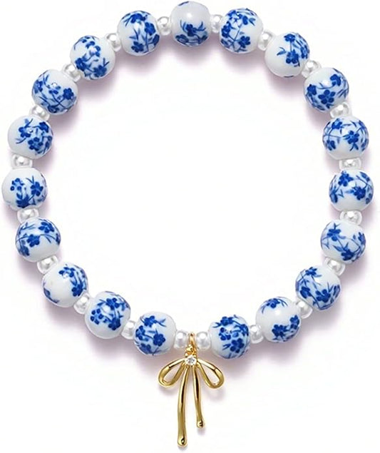 Beads Bow Charm Bracelet for Women Flower Vintage Bracelet Handmade Stretch Beaded Dainty Romantic Jewelry Gifts
