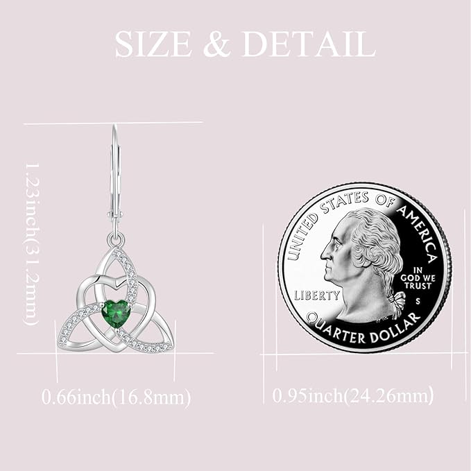 Trinity Knot Necklace Earrings 925 Sterling Silver Celtic Love Heart Knot Pendant Emerald Birthstone May Jewelry Set for Women
