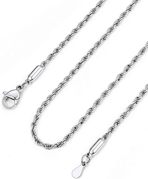 Bandmax Solid 1.5mm/2mm/3mm/6mm Rope Chains for Men Women 14K Gold Plated/Black Plated Stainless Steel Twist Chain 16-30 Inches, with Gift Box